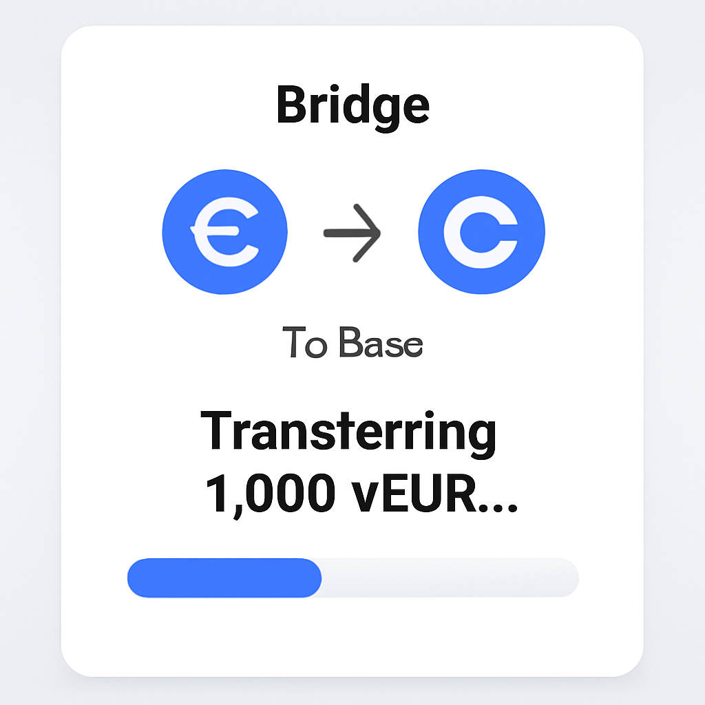 A step-by-step bridge transaction UI, with Base as the destination and progress bar showing transfer of VEUR.