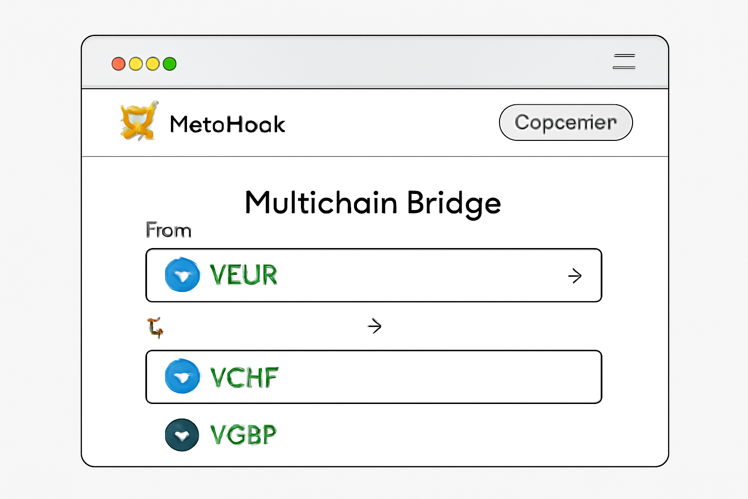 A browser window showing MetaMask connected to a multichain bridge interface, highlighting VEUR, VCHF, and VGBP as bridgeable assets.