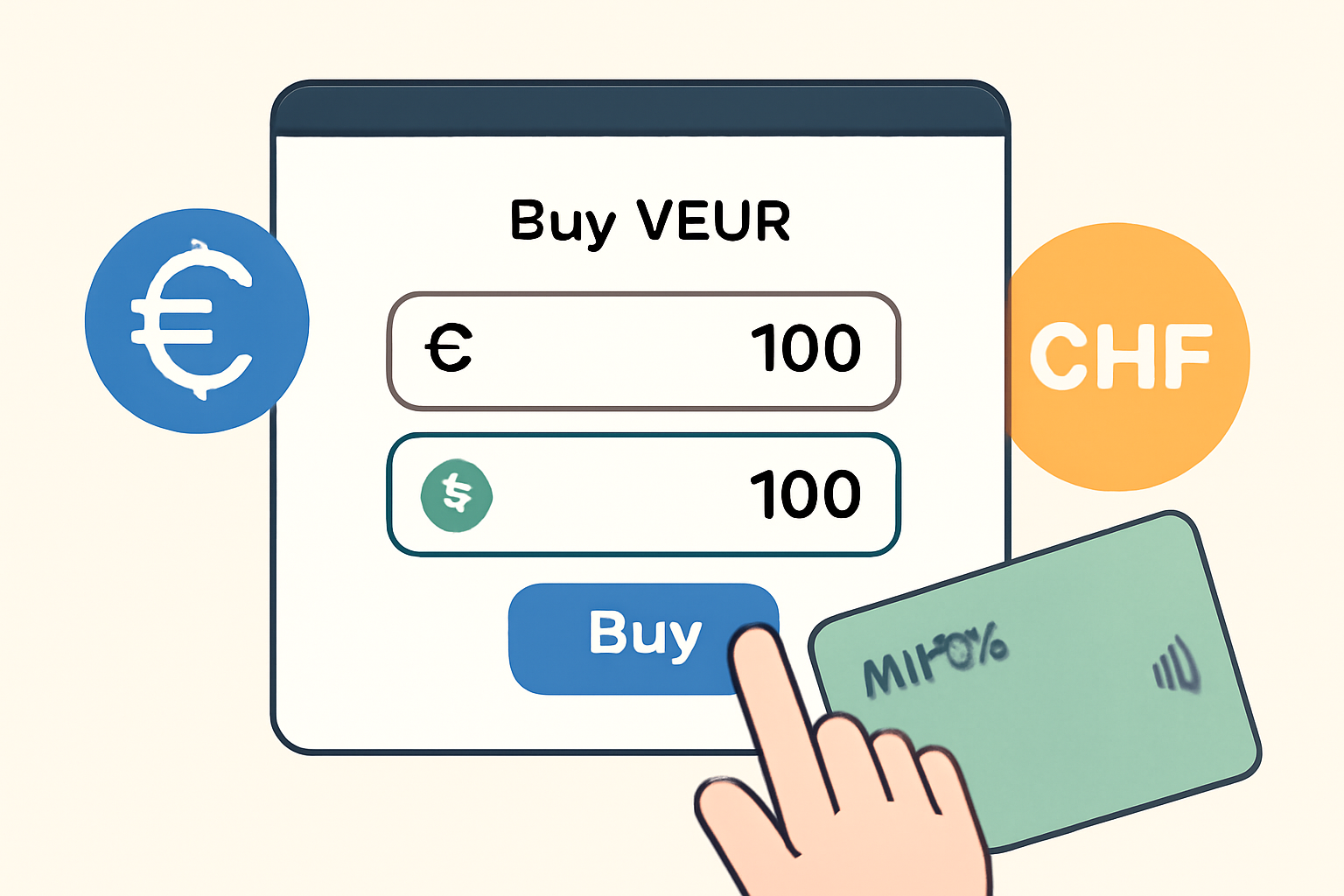 A user buying VEUR on a crypto exchange interface, with Euro and Swiss Franc symbols, and a Wirex card visible.