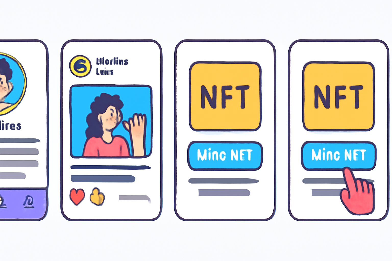 App interface mockups showing user profiles, posts, and NFT minting buttons, vibrant and engaging