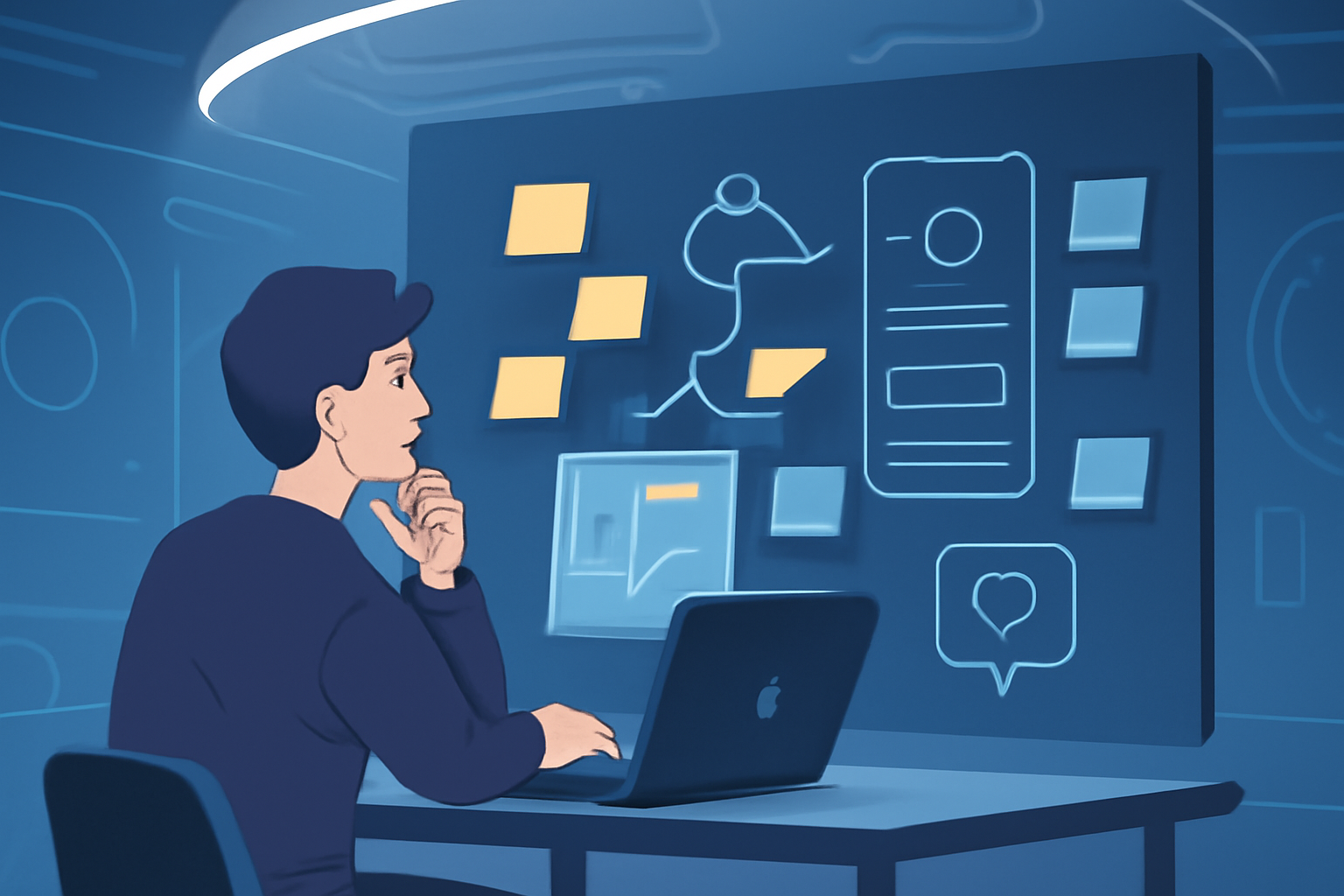 A person brainstorming with sticky notes and diagrams, planning a social media app, futuristic and tech-inspired workspace