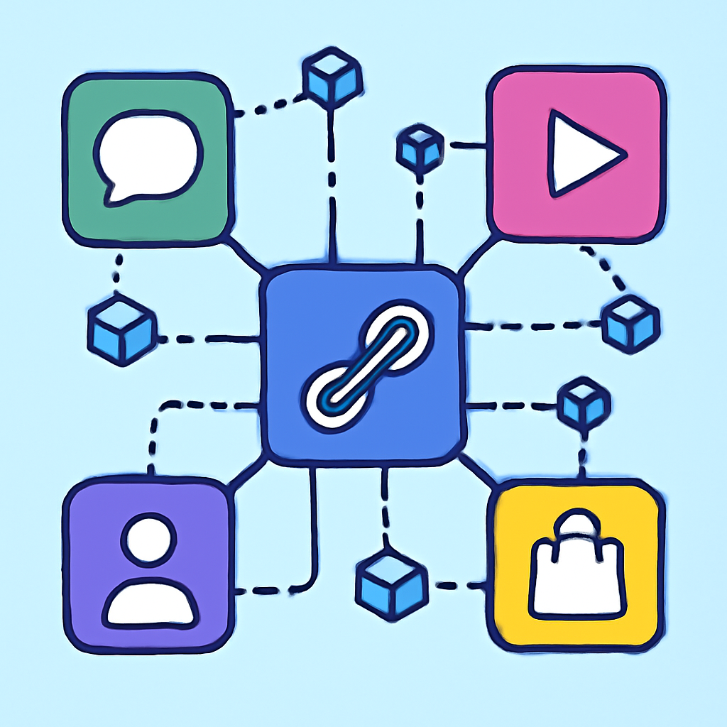 Connected app icons and blockchain nodes, illustrating interoperability, networked and futuristic