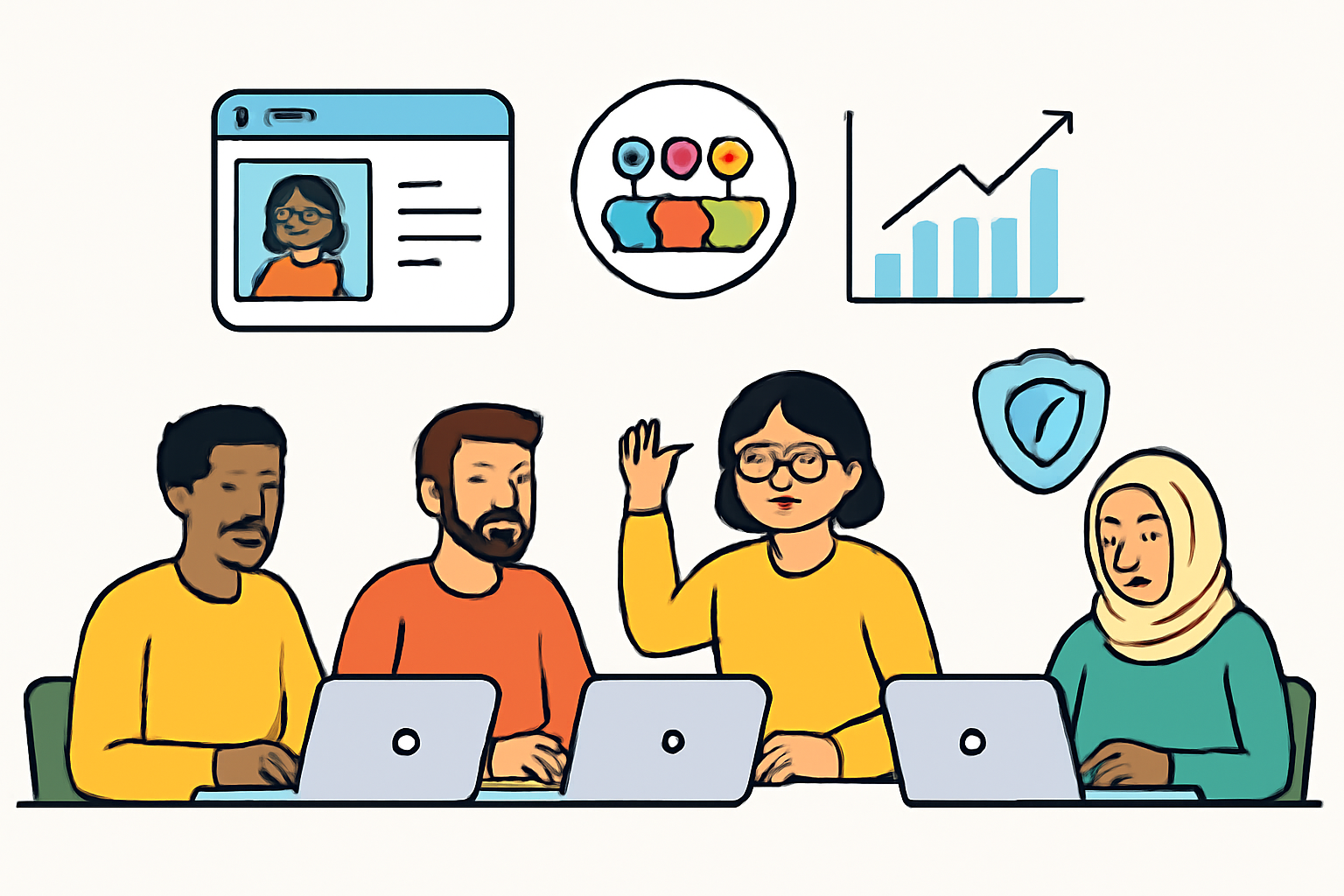 A diverse group of developers collaborating online, community icons, growth charts, and compliance symbols