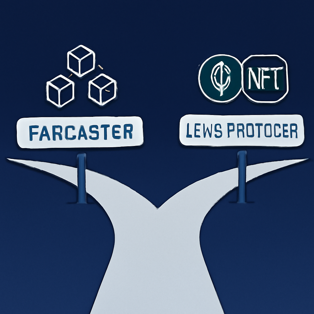 Two diverging paths, one labeled 'Farcaster' with blockchain icons, the other 'Lens Protocol' with NFT symbols, futuristic style