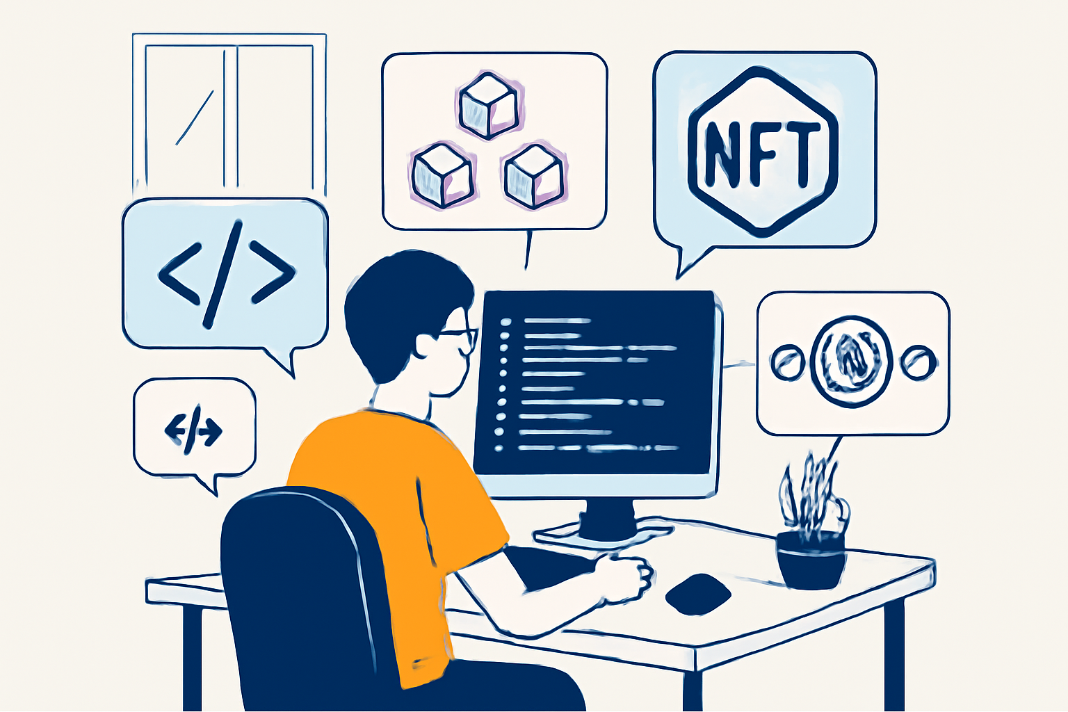 A developer at a computer surrounded by code, blockchain symbols, and NFT icons, modern workspace