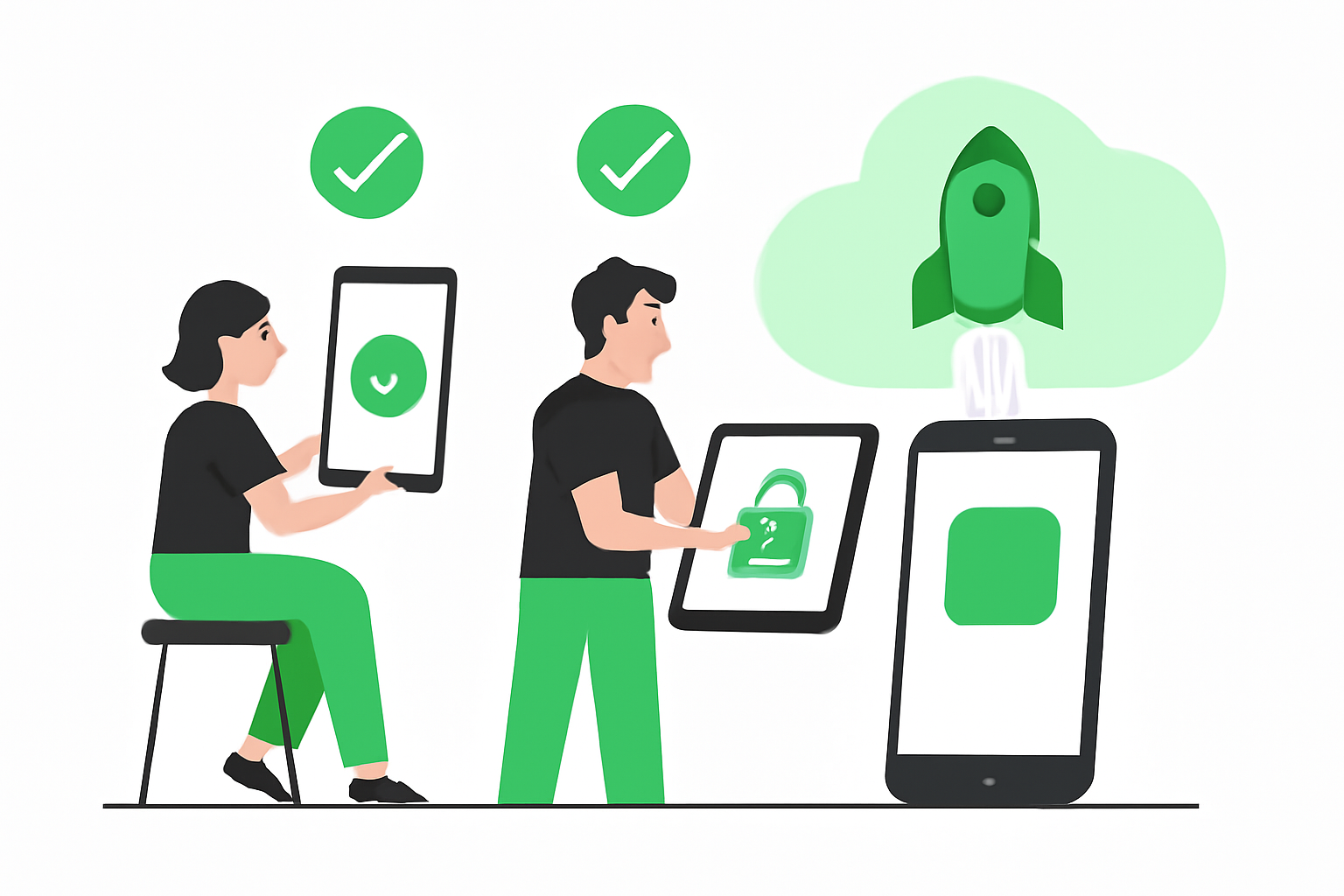 Developers running tests on devices, green checkmarks and secure locks, then launching an app into the cloud