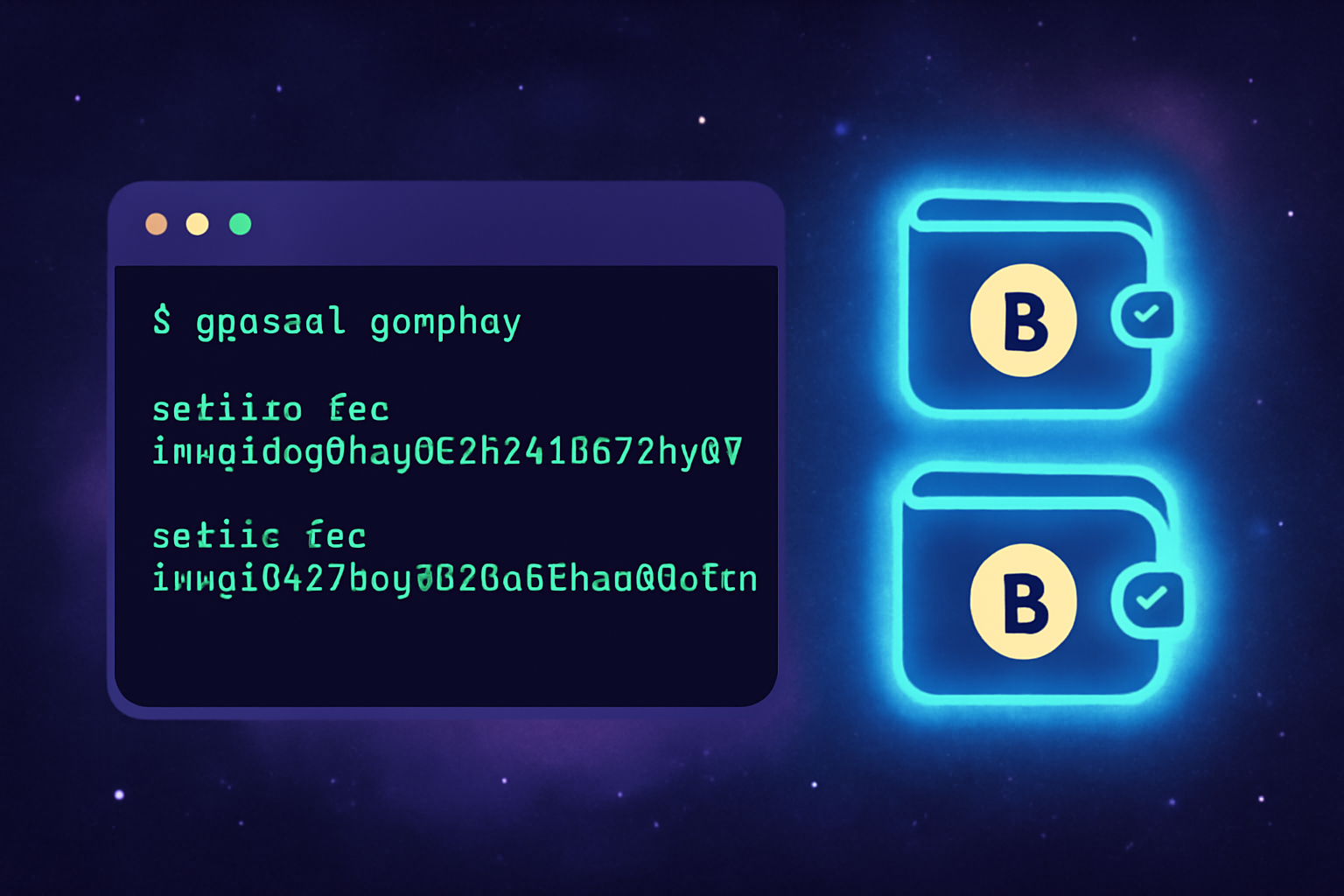 Command line generating crypto keys, glowing wallet icons, cosmic background