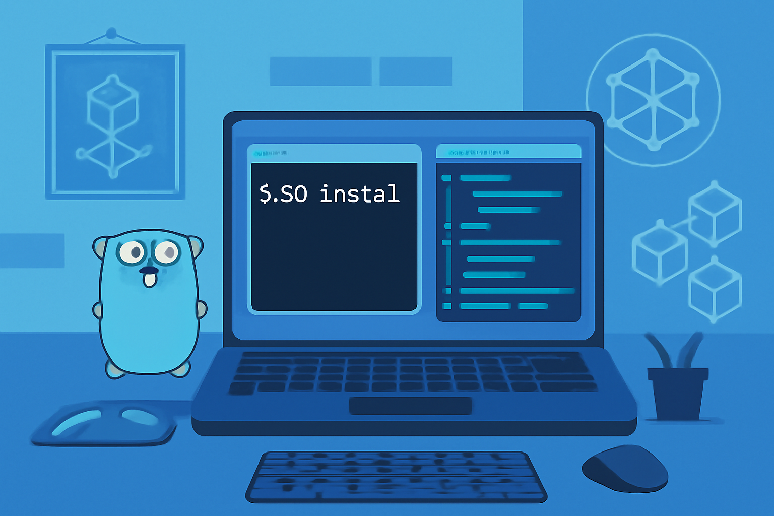 Developer workstation with Go terminal install, code editor open to Rollkit repo, futuristic blockchain theme