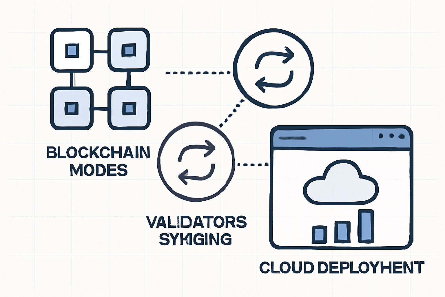 Cluster of interconnected blockchain nodes, validators syncing, cloud deployment dashboard
