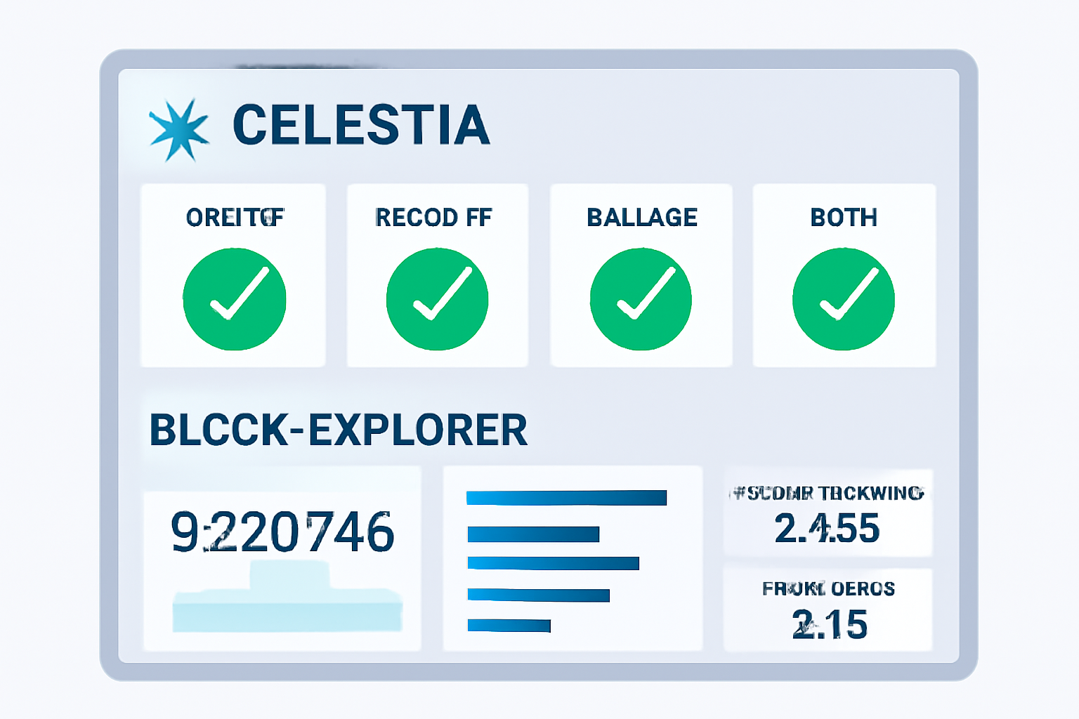 Dashboard monitoring rollup metrics, green health indicators, Celestia block explorer view