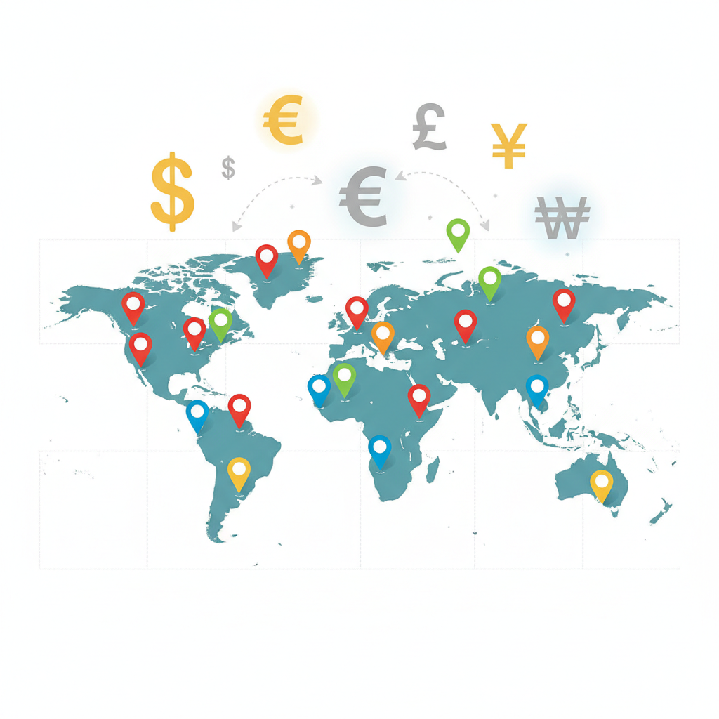 world map with colorful pins marking global locations and currency symbols floating above