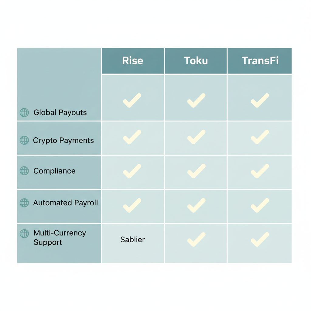 comparison chart of payroll platforms Rise Toku Sablier TransFi with checkmarks and global icons