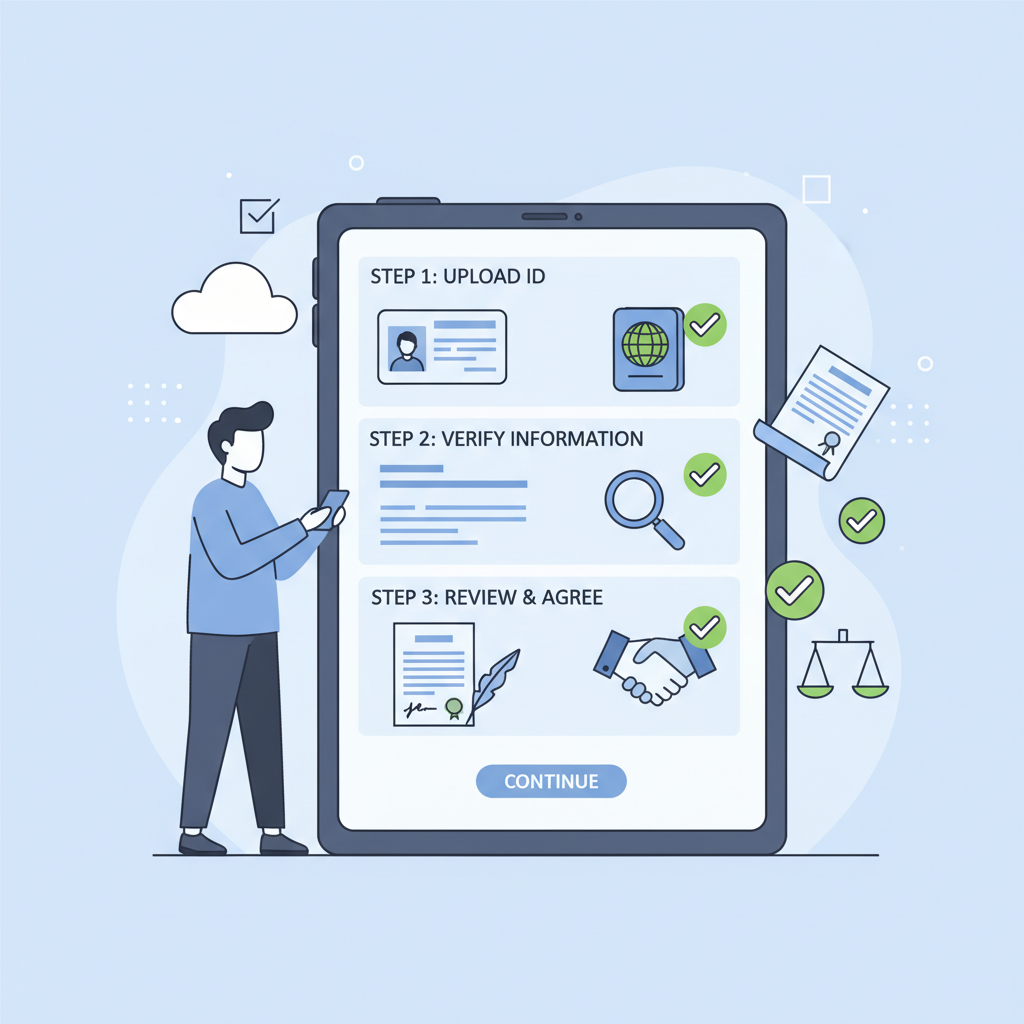 person uploading ID documents to digital platform with checkmarks and contract icons
