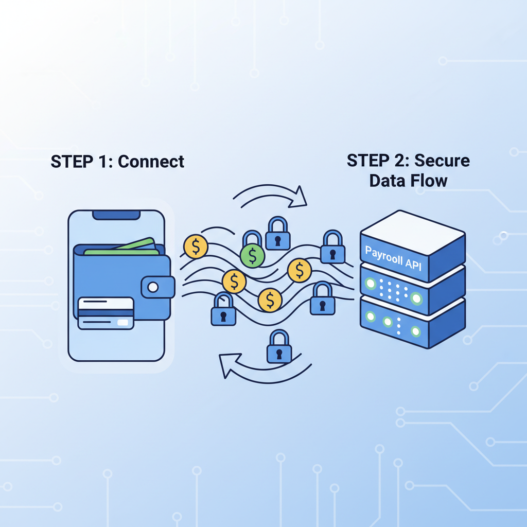 digital wallet connecting to payroll API with flowing money streams and lock icons