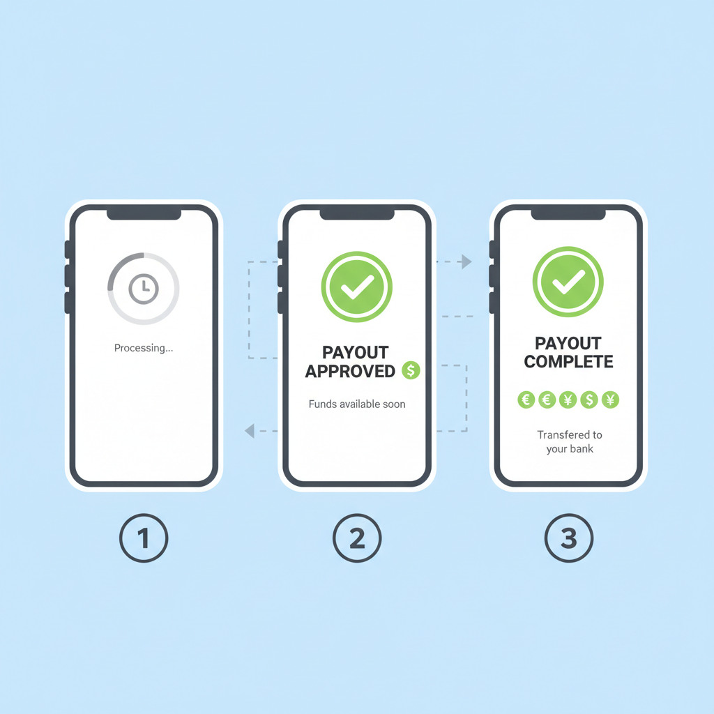 test payout notifications on phone screens with green checkmarks and currency symbols