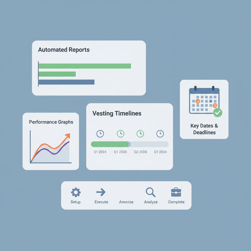 dashboard with automated charts graphs reports vesting timelines and calendar icons