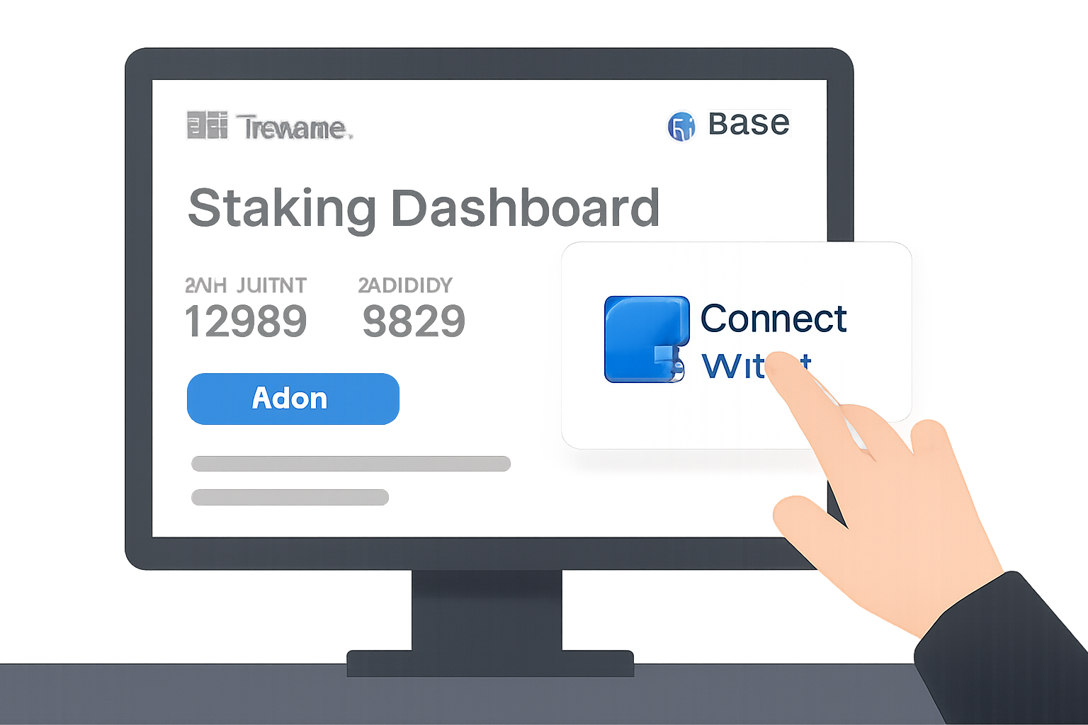 A user connecting their crypto wallet to a sleek staking dashboard on a computer screen, with the Towns logo and Base branding.