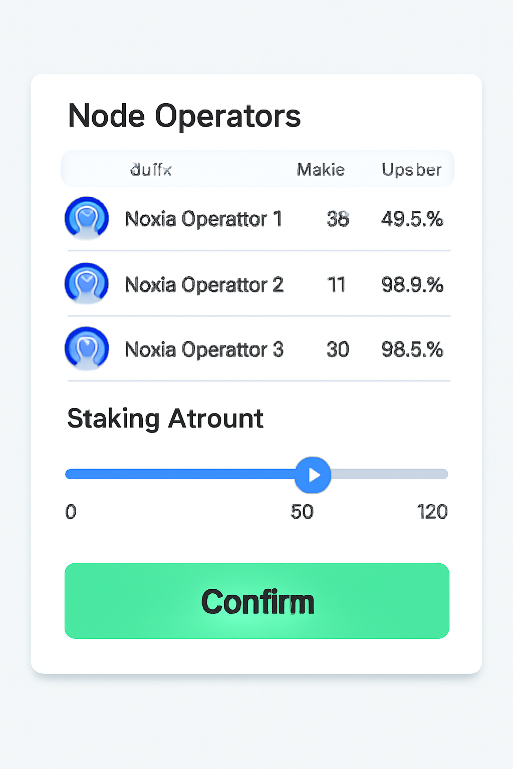 A dashboard showing node operators with stats, a slider to select staking amount, and a highlighted confirm button, modern crypto interface.