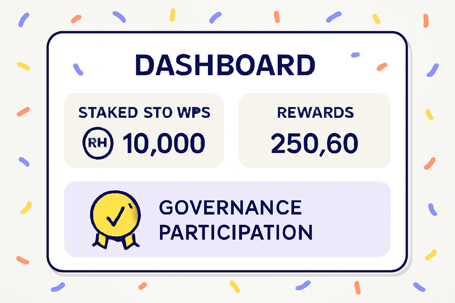A dashboard displaying staked $TOWNS, reward accumulation, and a badge for governance participation, celebratory confetti in the background.