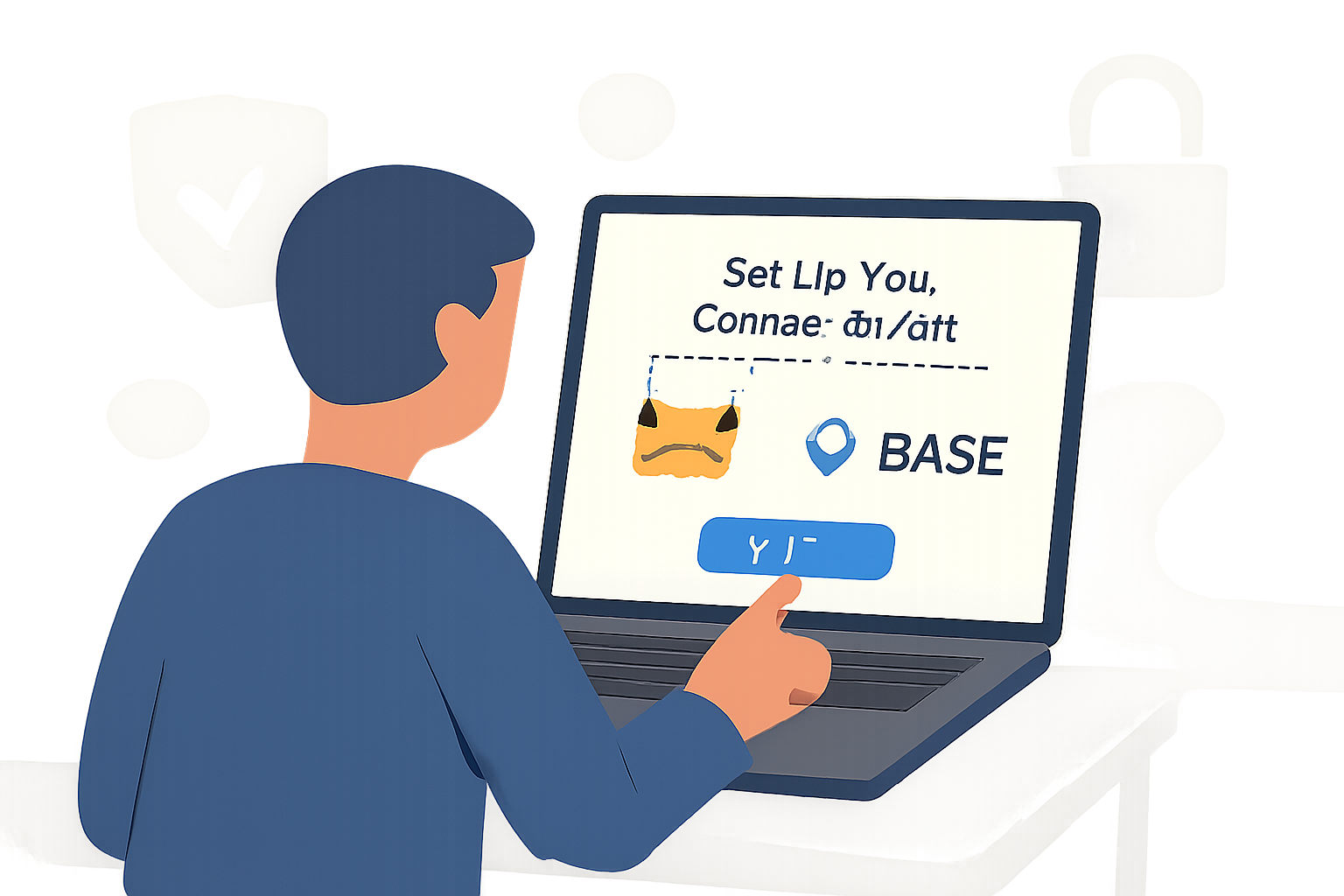 A person setting up a crypto wallet on a laptop, with MetaMask and Base logos visible, modern UI, clear instructions, digital security elements.