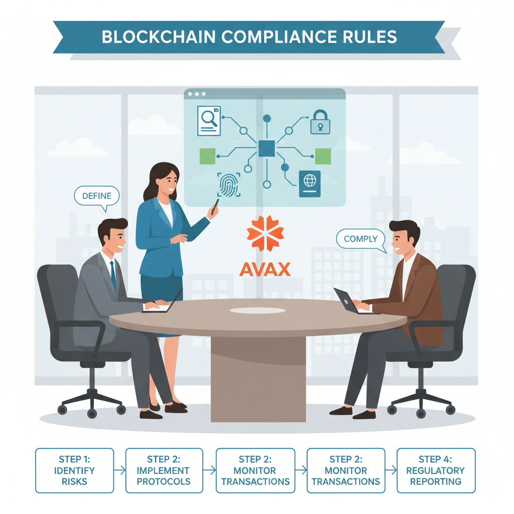 professional bank team in boardroom defining blockchain compliance rules with KYC icons and Avalanche logo