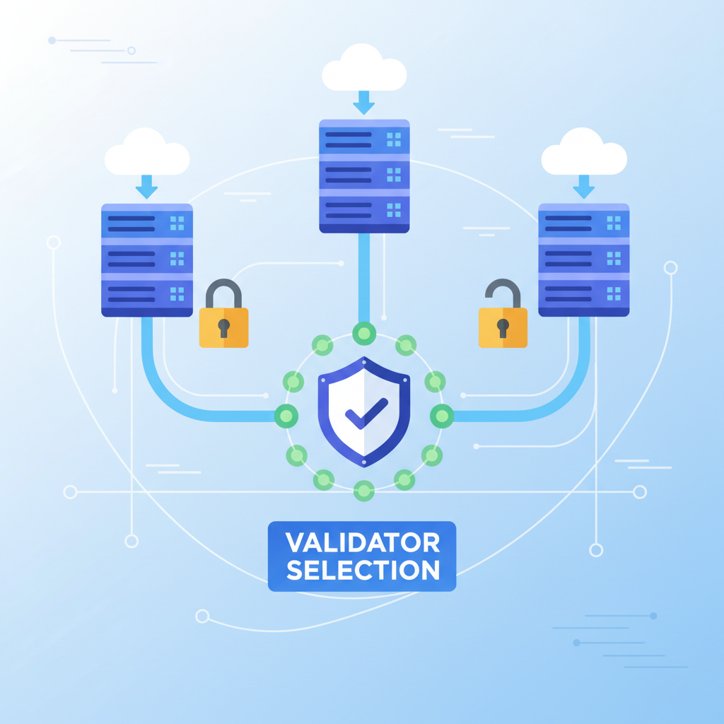 secure server nodes connected in a network with validator selection interface and lock symbols