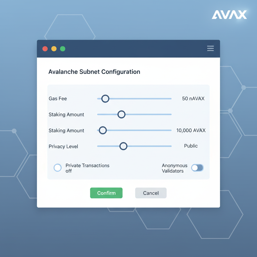 dashboard configuring Avalanche subnet parameters with sliders for gas staking privacy settings
