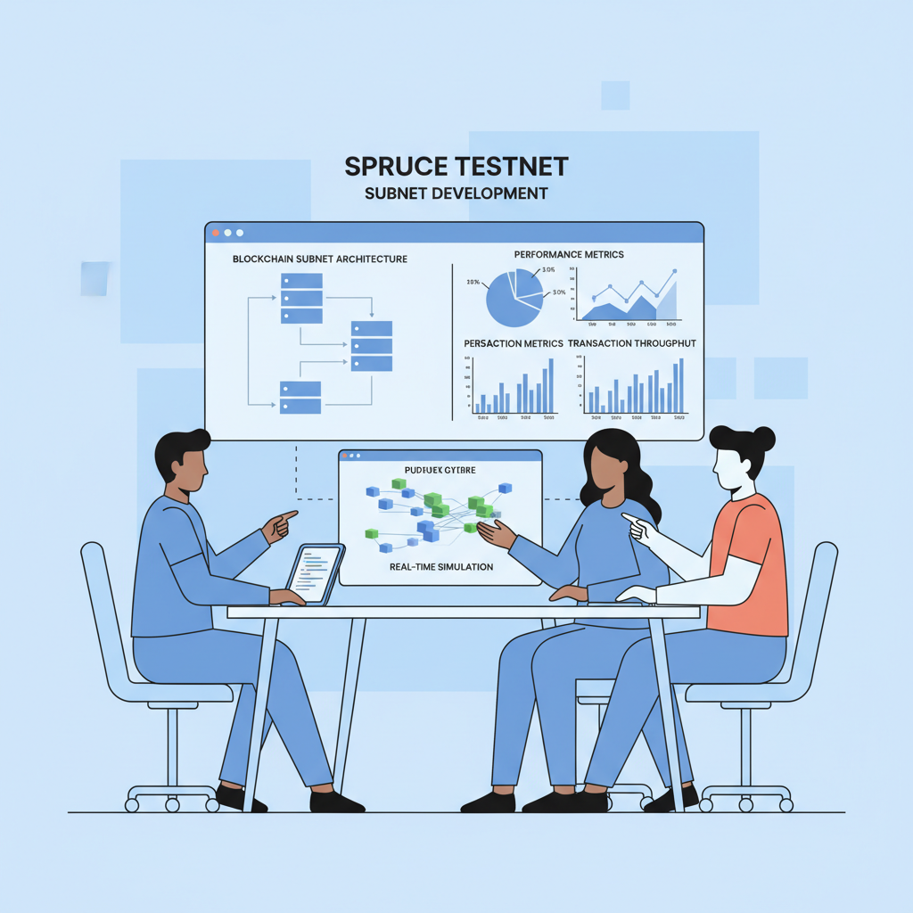 developers testing blockchain subnet on Spruce testnet with charts and simulation screens