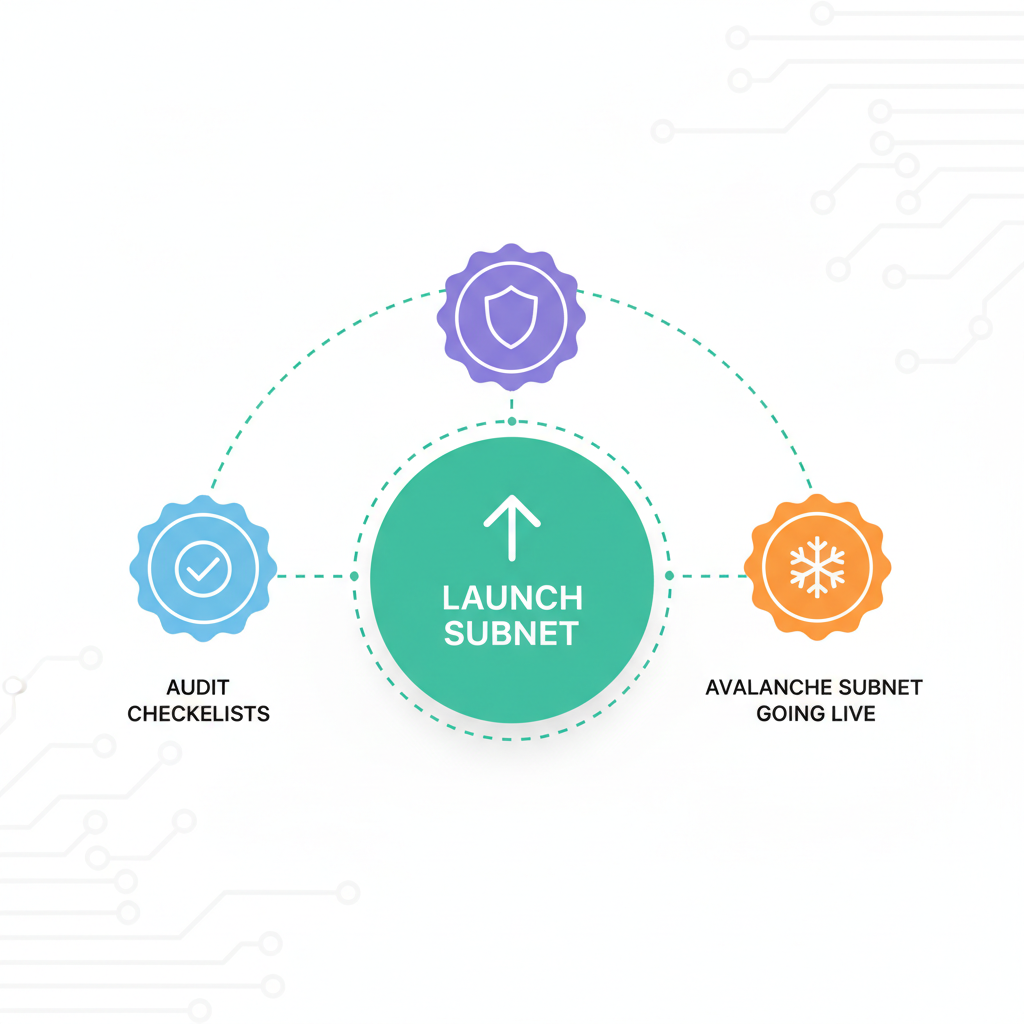 green launch button with audit checklists security seals and Avalanche subnet going live