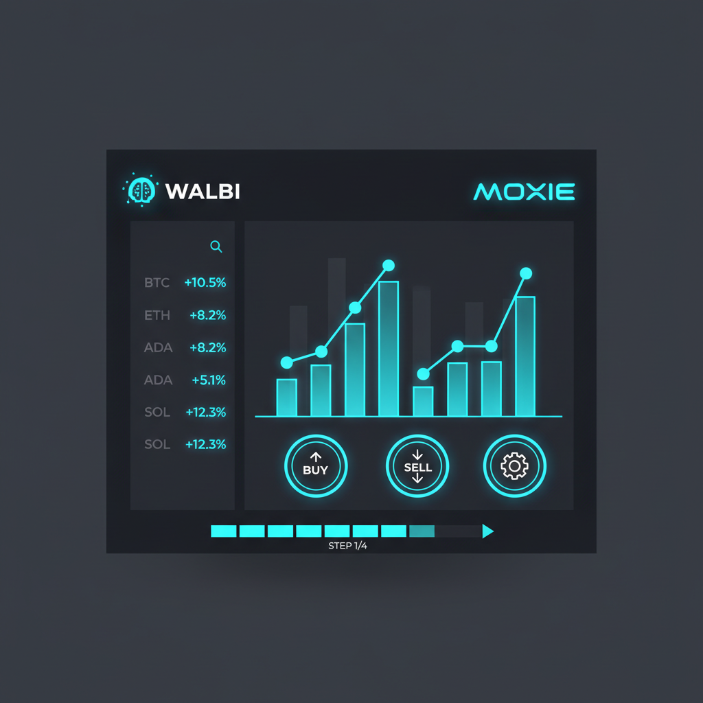 futuristic AI crypto trading platform dashboard, Walbi Moxie logos, neon blues glowing charts