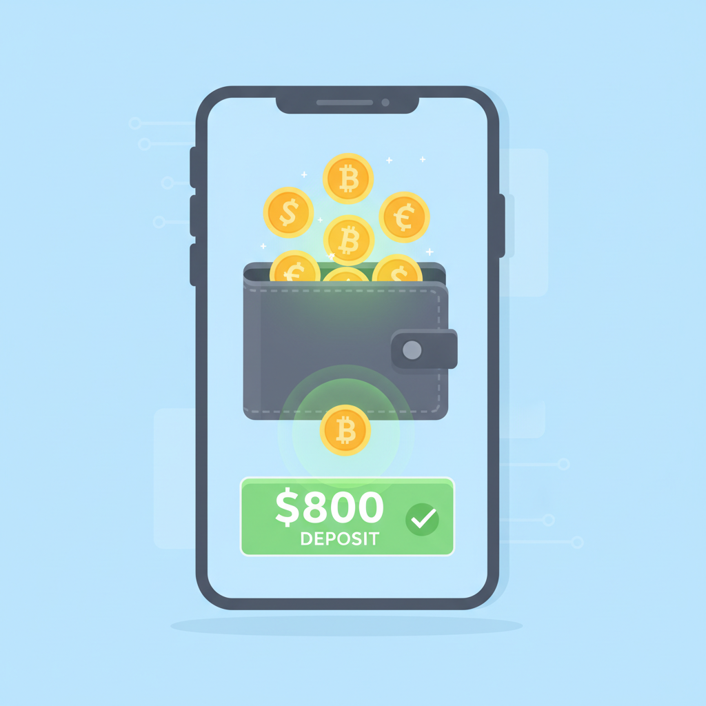 digital wallet overflowing with golden crypto coins, $800 deposit animation, green success glow