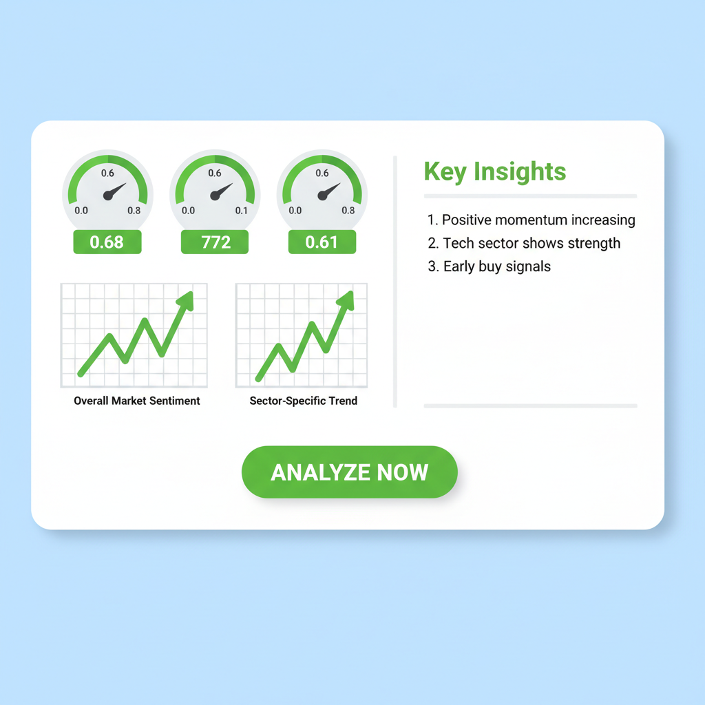 sentiment analysis dashboard with green gauges over 0.6, bullish charts spiking upward