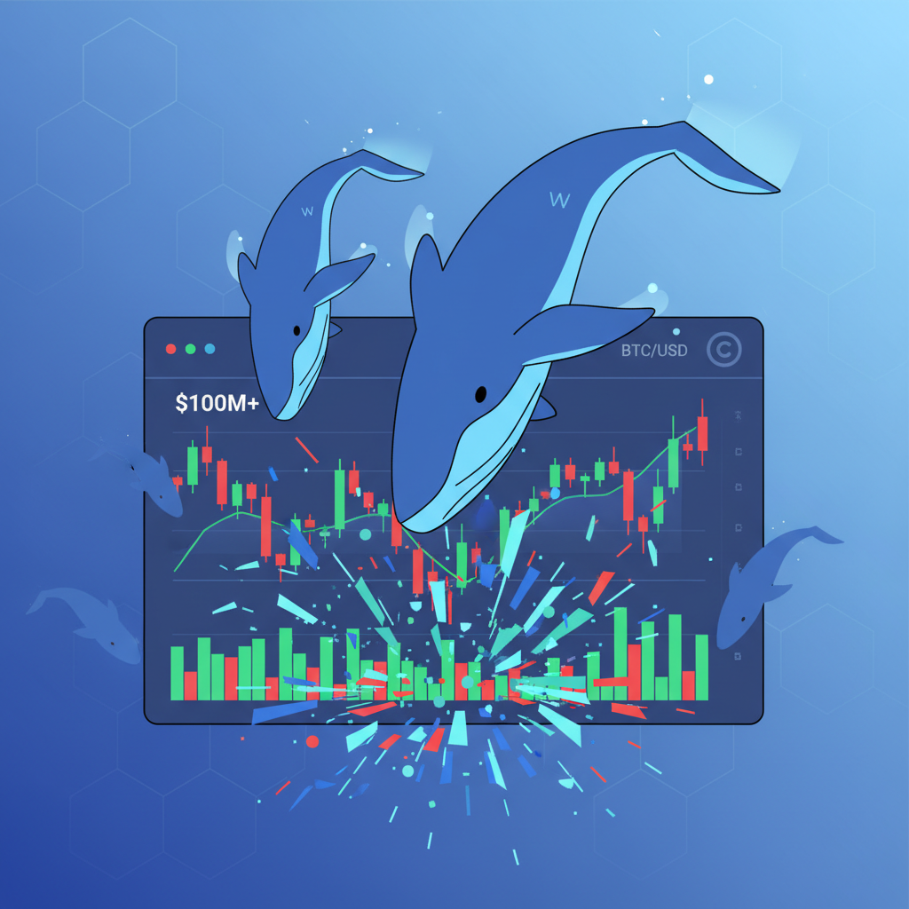 massive whale icons diving into crypto charts, volume bars exploding, trading interface