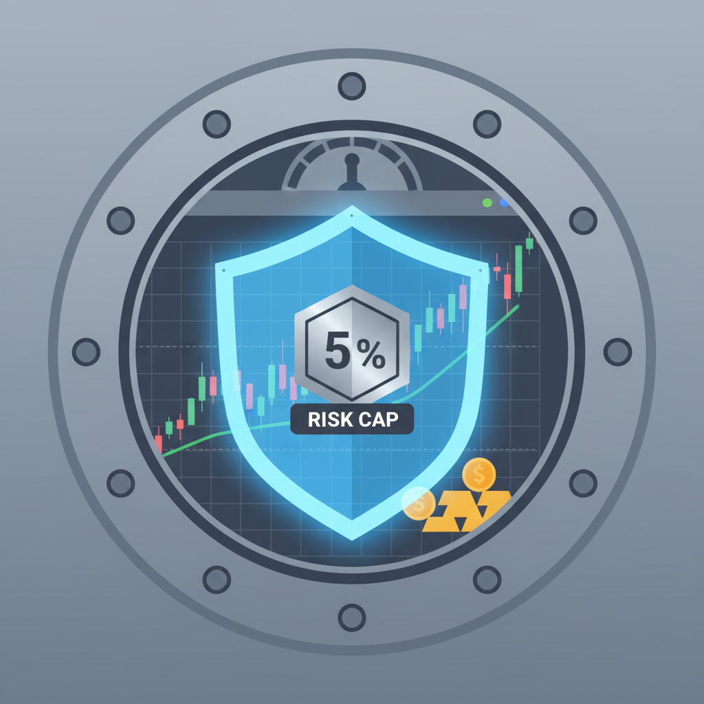 glowing shield protecting trading chart, 5% risk cap badge, secure vault background