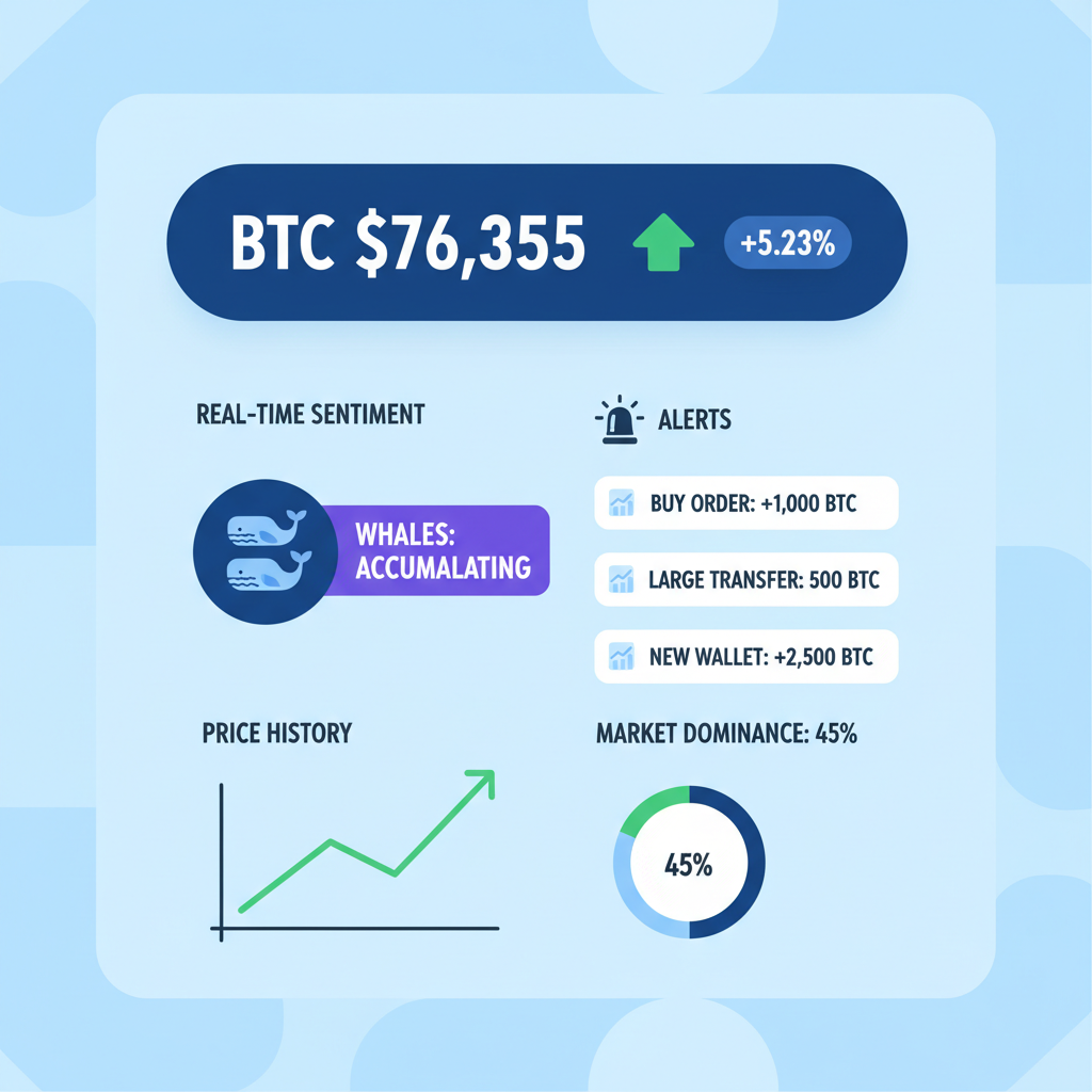 dynamic crypto dashboard BTC $76,355 price ticker, sentiment whales real-time alerts