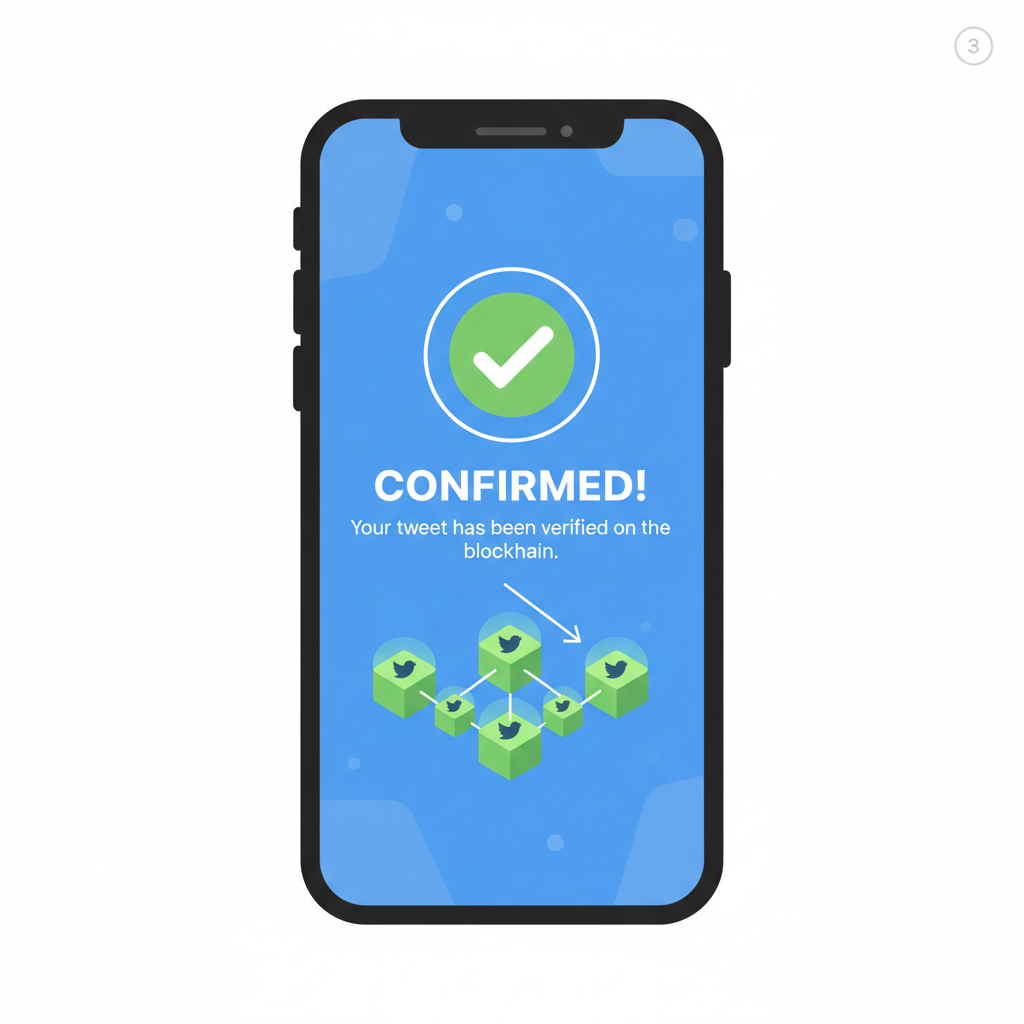 Amplify confirmation screen on phone with green checkmark, tweet verification blockchain graphic