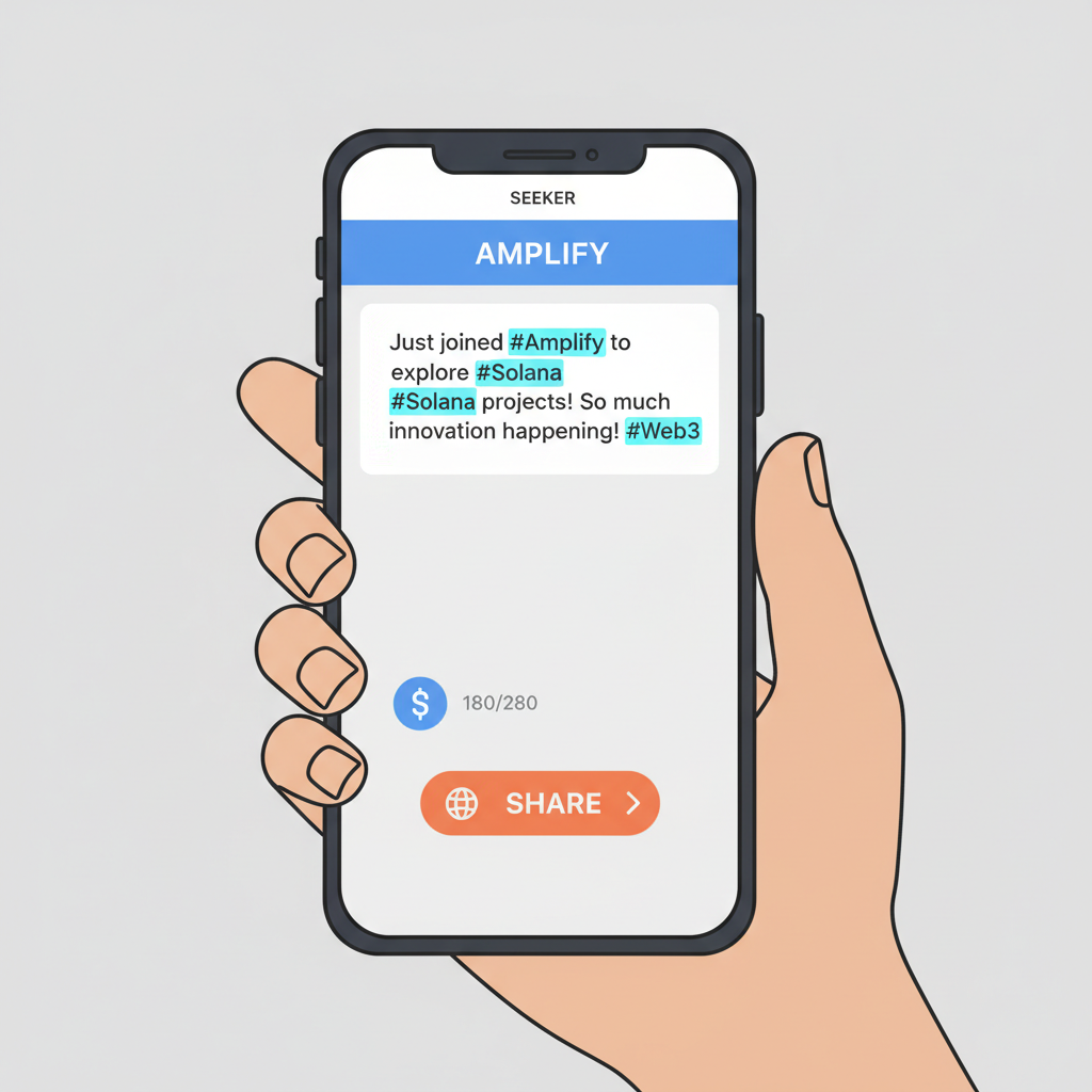 Seeker phone screen composing tweet in Amplify with Solana hashtags and share button