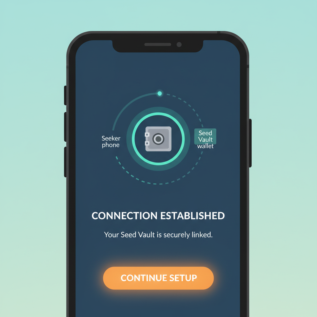 Close-up of Seeker phone Seed Vault wallet connection screen in Amplify app, glowing secure vault icon