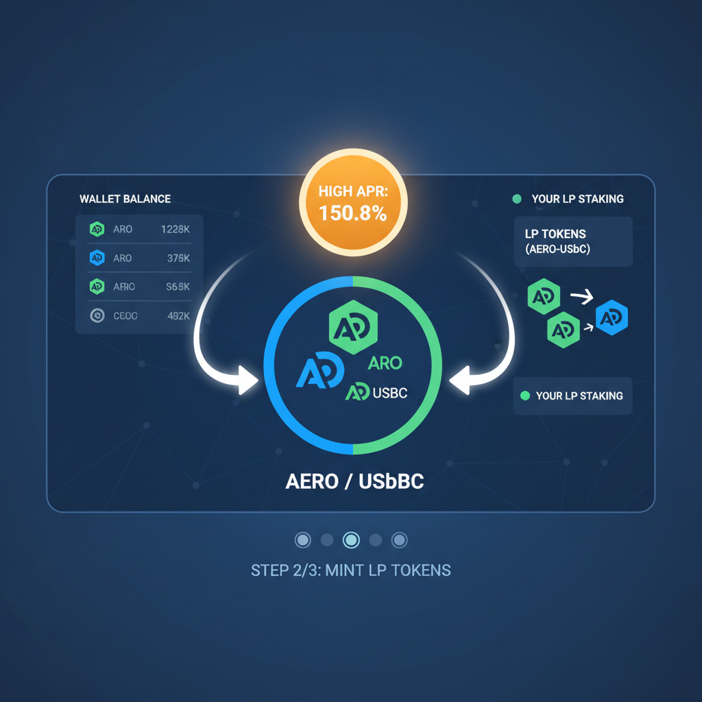 adding liquidity to AERO USDbC pool, LP tokens minting, high APR badge glowing, futuristic DeFi pool interface