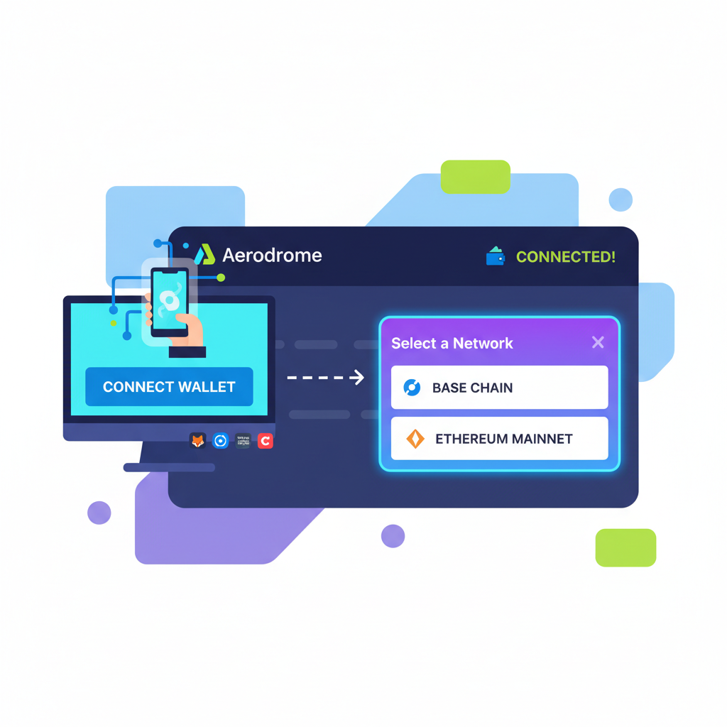 user connecting wallet to Aerodrome dashboard, Base chain switch, vibrant DeFi interface screenshot style