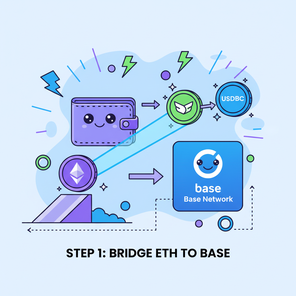 cartoon wallet bridging ETH to Base network, glowing tokens swapping AERO USDbC, energetic crypto style