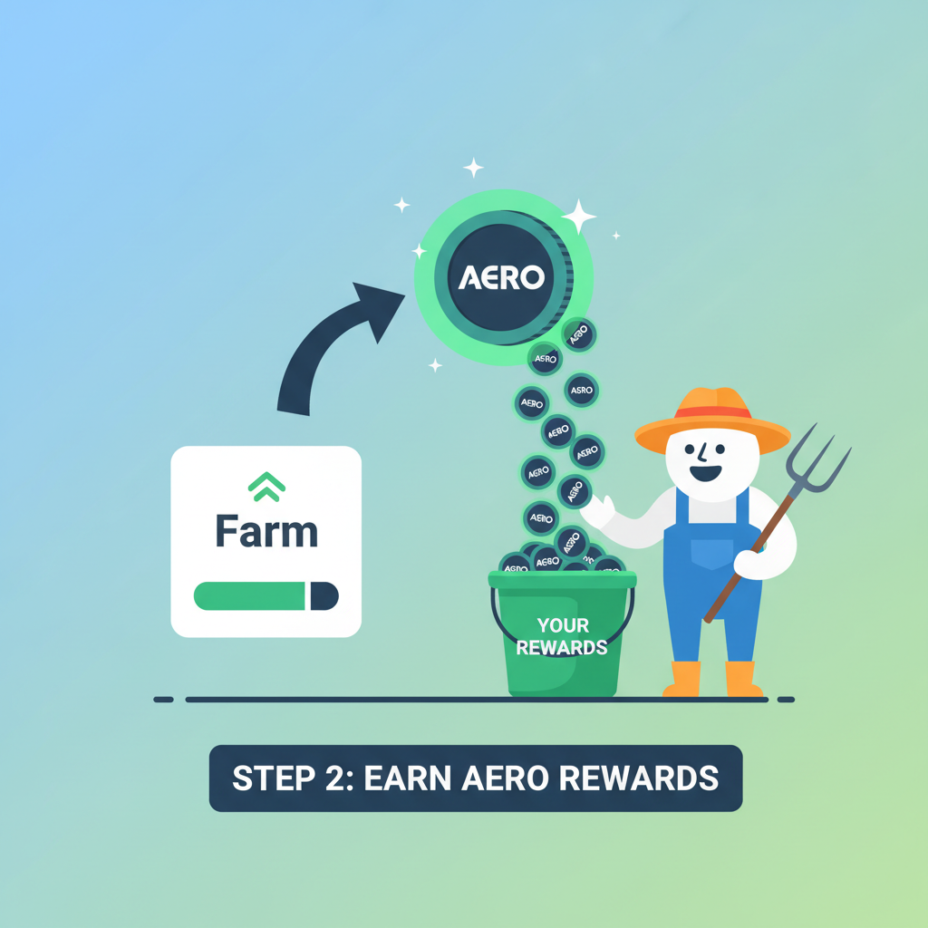 staking LP tokens in Aerodrome gauges, rewards emitting AERO coins, energetic farming animation