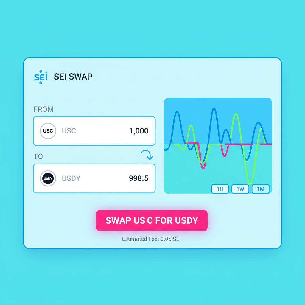 DEX interface on Sei swapping USDC for USDY token, vibrant trading charts and swap button