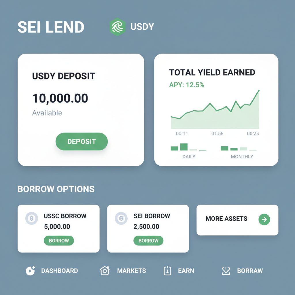 lending platform dashboard on Sei showing USDY deposit, yield graphs, and borrow options