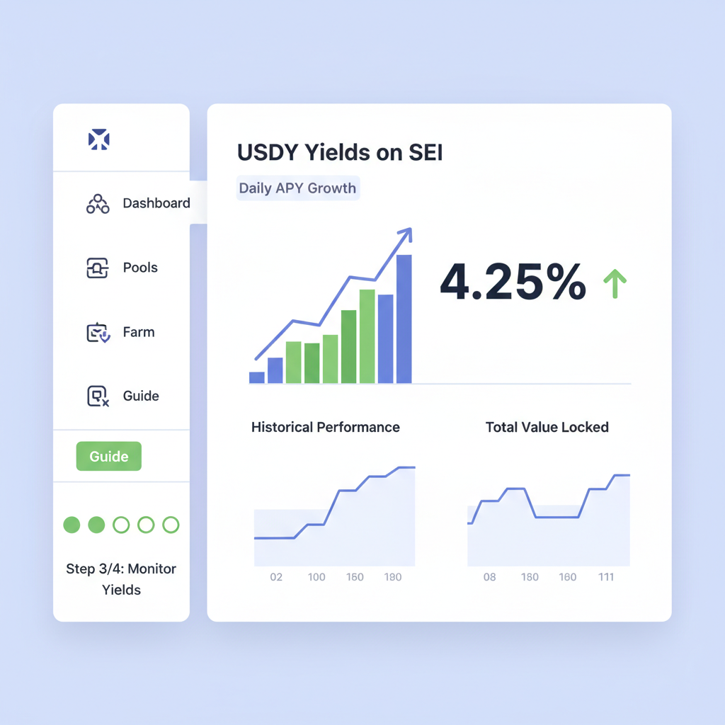 dashboard monitoring USDY yields on Sei, charts showing daily APY growth at 4.25%