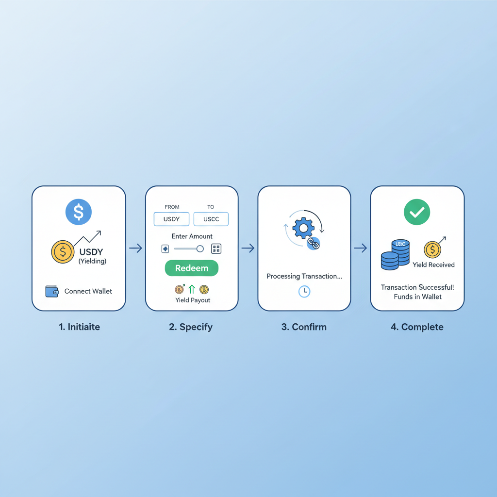 redeeming USDY to USDC on Sei DEX, smooth transaction flow with yield payout icons