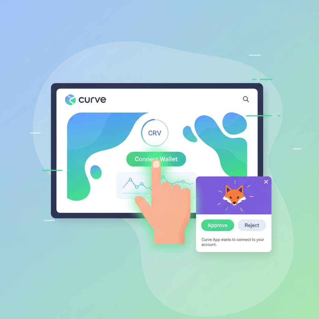 user clicking connect wallet button on Curve app, MetaMask popup, dynamic action shot, green approval glow, high energy DeFi --ar 16:9