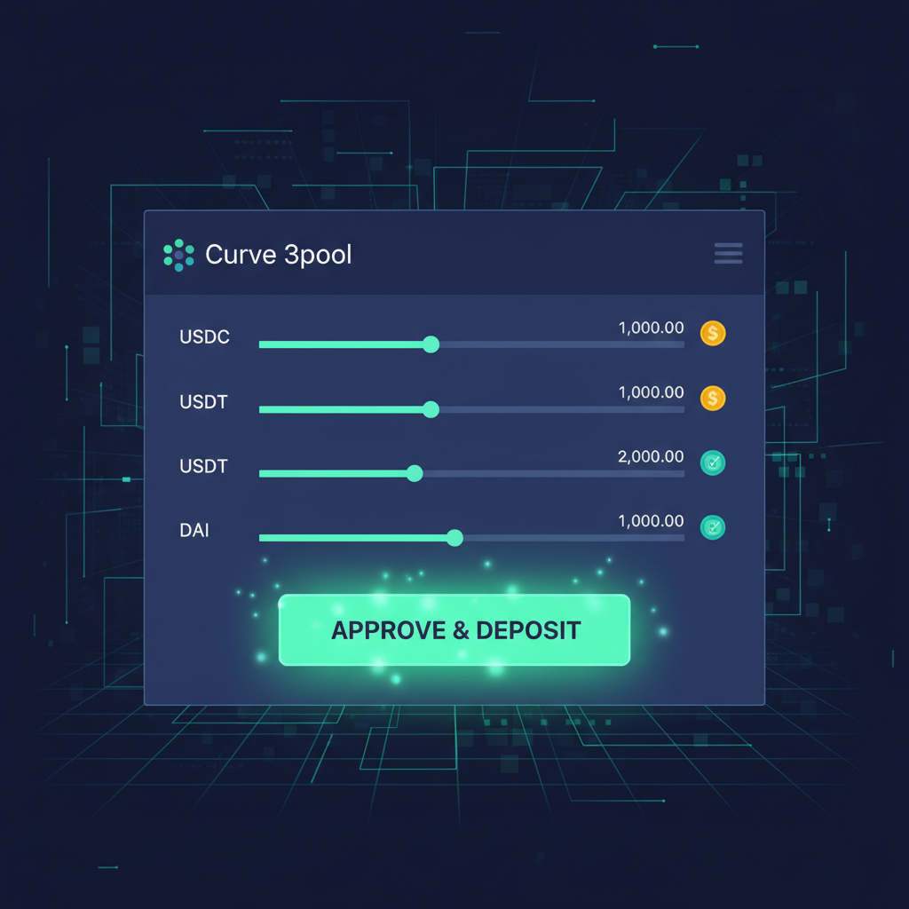 deposit interface Curve 3pool, sliders for USDC USDT DAI amounts, approve button glowing, intense focus cyber aesthetic --ar 16:9