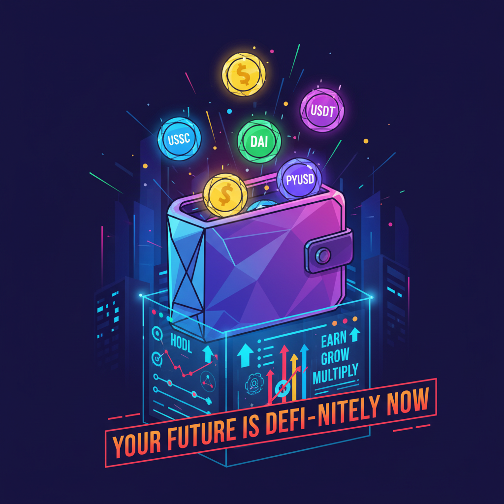 /conceptual art of a glowing crypto wallet overflowing with stablecoins like USDC DAI USDT pyUSD, futuristic DeFi interface, neon lights, aggressive motivational vibe --ar 16:9