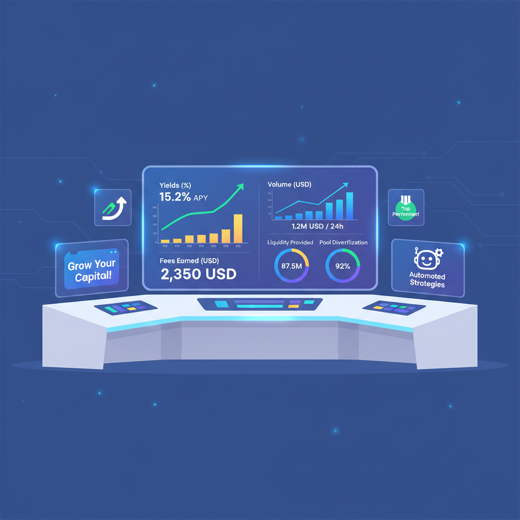 dashboard monitoring Curve LP positions, graphs showing yields fees volume, futuristic control center, motivational charts --ar 16:9